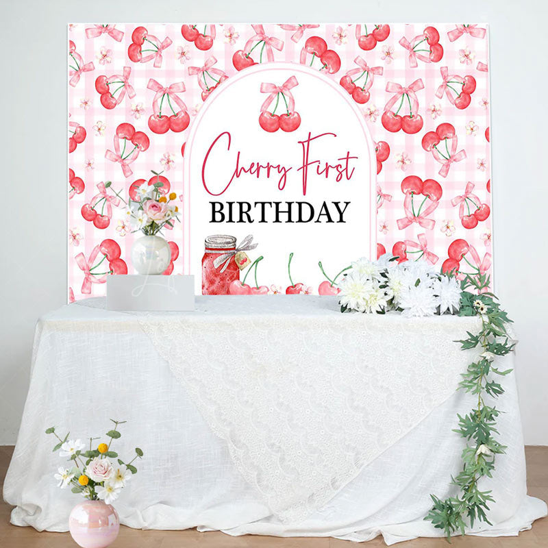 Lofaris Pink Plaid Red Cherry First Birthday Party Backdrop