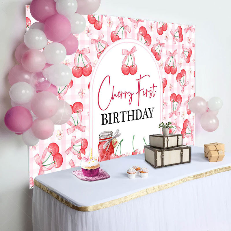 Lofaris Pink Plaid Red Cherry First Birthday Party Backdrop