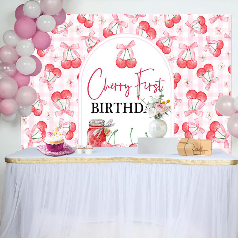 Lofaris Pink Plaid Red Cherry First Birthday Party Backdrop