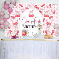 Lofaris Pink Plaid Red Cherry First Birthday Party Backdrop