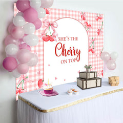 Lofaris Pink Plaid Red Cherry On Top Baby Shower Backdrop