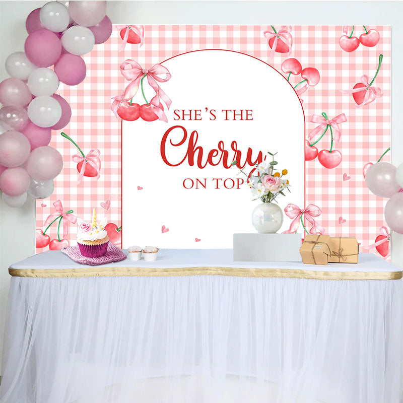 Lofaris Pink Plaid Red Cherry On Top Baby Shower Backdrop