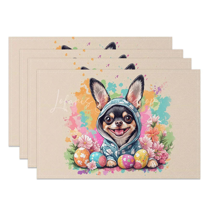 Lofaris Pink Polka Dot Dog Set of 4 Placemats Chihuahua with Easter Eggs Cute Puppy Table Mats Decor