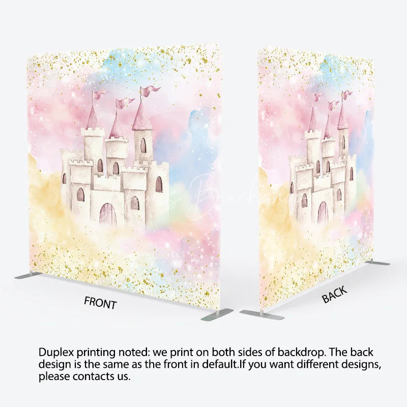 Lofaris Pink Princess Castle Tension Fabric Backdrop Gold Glitter Pastel Clouds Decor Fairytale Theme Background for Birthday