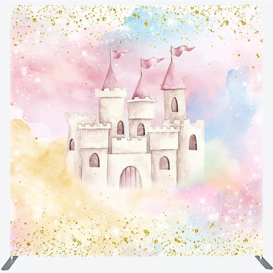Lofaris Pink Princess Castle Tension Fabric Backdrop Gold Glitter Pastel Clouds Decor Fairytale Theme Background for Birthday