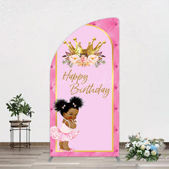 Lofaris Pink Princess Crown Floral Birthday Half Moon Arch Backdrop