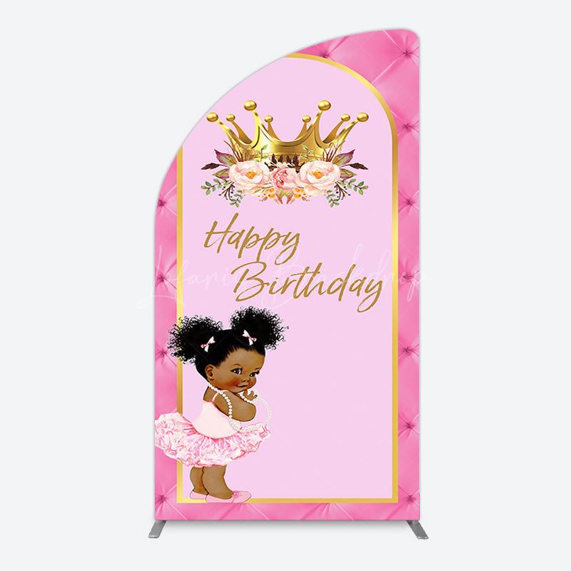 Lofaris Pink Princess Crown Floral Birthday Half Moon Arch Backdrop