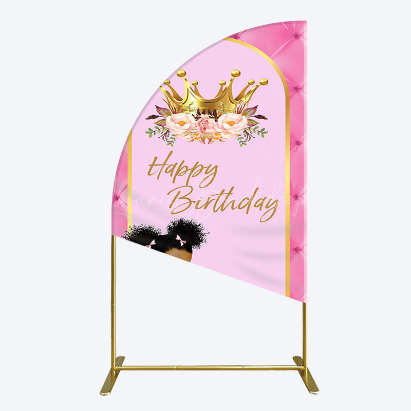 Lofaris Pink Princess Crown Floral Birthday Half Moon Arch Backdrop