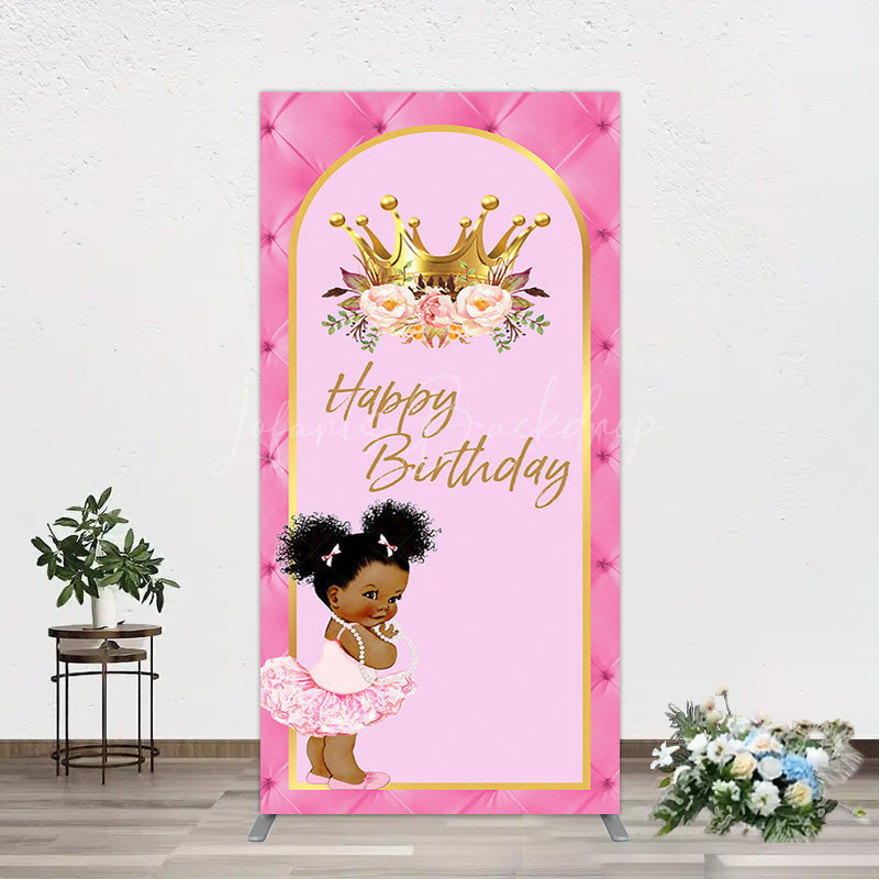 Lofaris Pink Princess Crown Floral Birthday Rectangle Backdrop