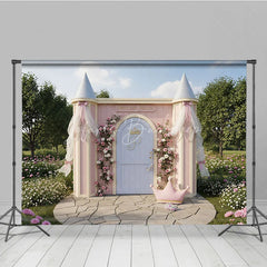 Lofaris Pink Princess Palace Photography Backdrop with Floral Roses and Golden Crown Fairytale Garden Birthday Party Decor
