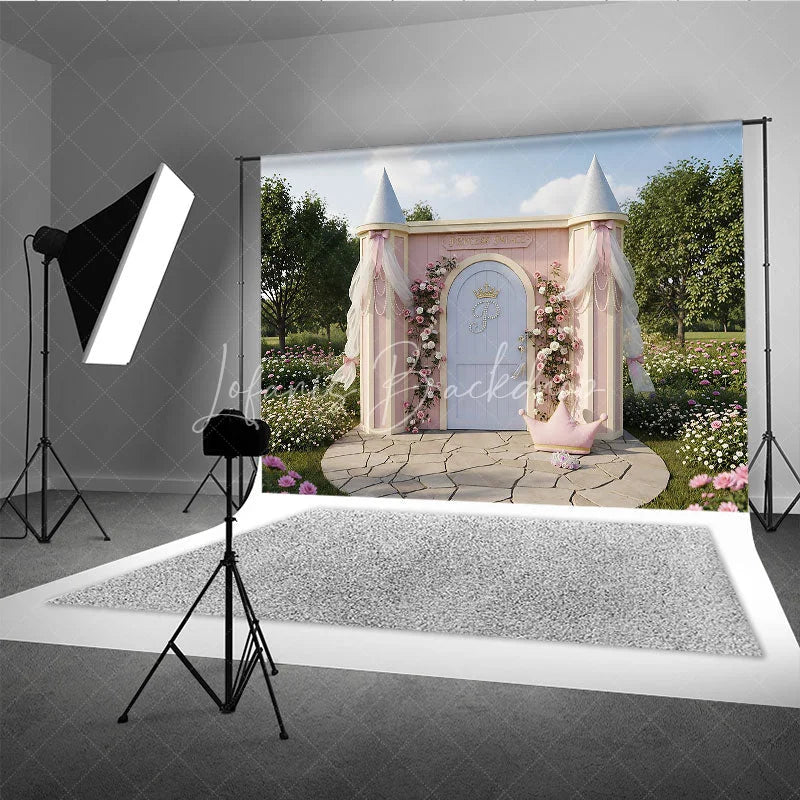 Lofaris Pink Princess Palace Photography Backdrop with Floral Roses and Golden Crown Fairytale Garden Birthday Party Decor