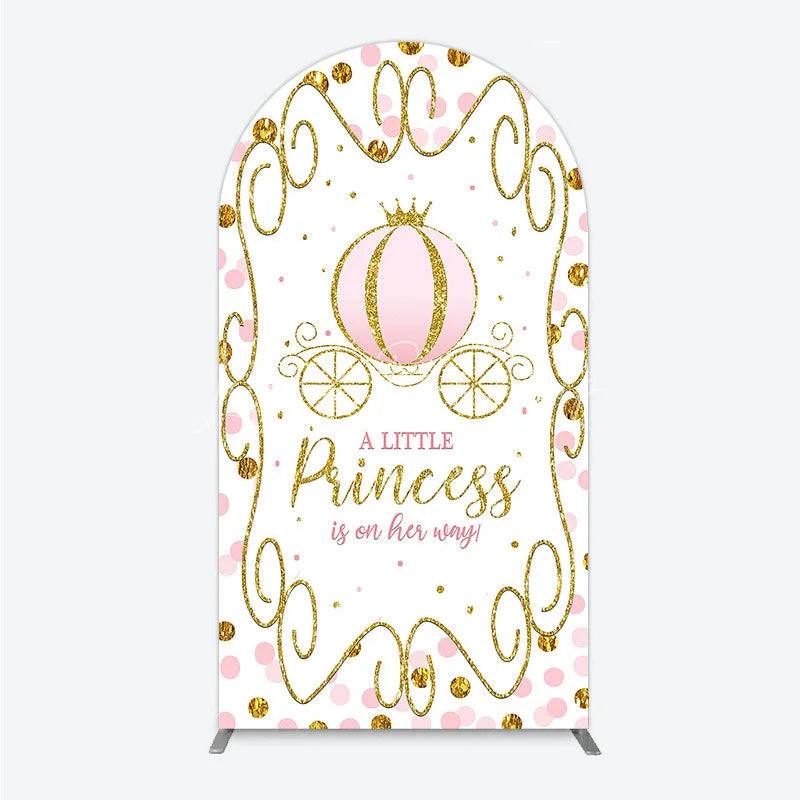 Lofaris Pink Pumpkin Carriage Baby Shower Arch Backdrop Little Princess Party Decoration Royal Gold Glitter Background