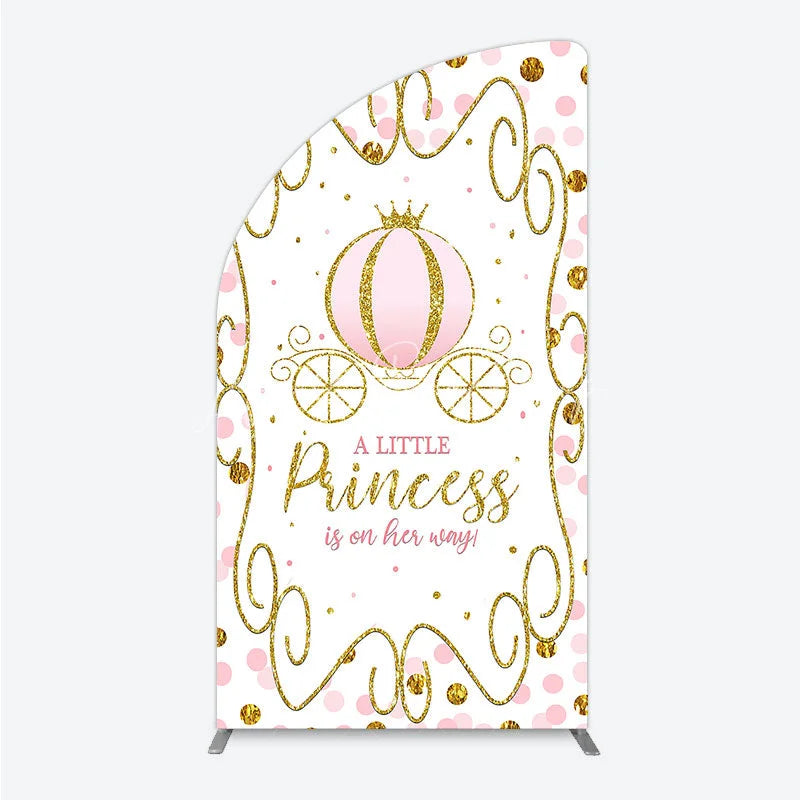 Lofaris Pink Pumpkin Carriage Baby Shower Half Moon Arch Backdrop Little Princess Party Decoration Royal Gold Glitter Background