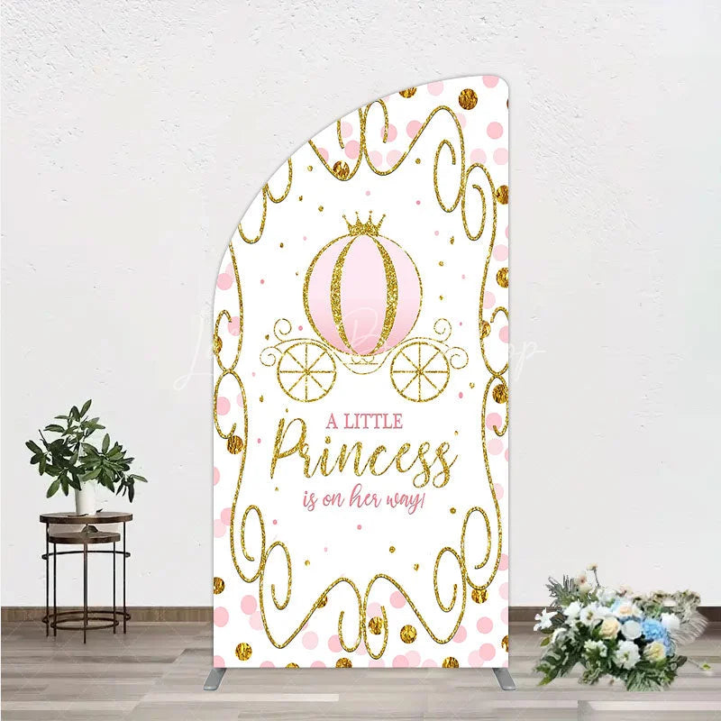Lofaris Pink Pumpkin Carriage Baby Shower Half Moon Arch Backdrop Little Princess Party Decoration Royal Gold Glitter Background