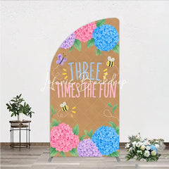 Lofaris Pink Purple Blue Hydrangea Half Moon Arch Backdrop with Three Times The Fun Text Butterfly and Bees for Birthday Party