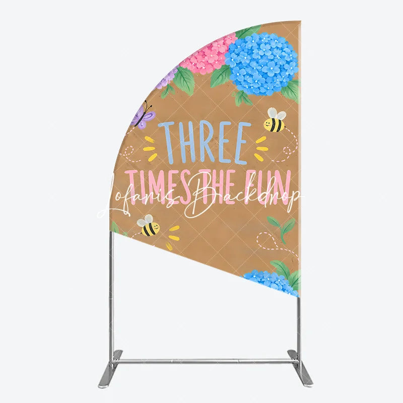 Lofaris Pink Purple Blue Hydrangea Half Moon Arch Backdrop with Three Times The Fun Text Butterfly and Bees for Birthday Party