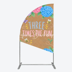 Lofaris Pink Purple Blue Hydrangea Half Moon Arch Backdrop with Three Times The Fun Text Butterfly and Bees for Birthday Party