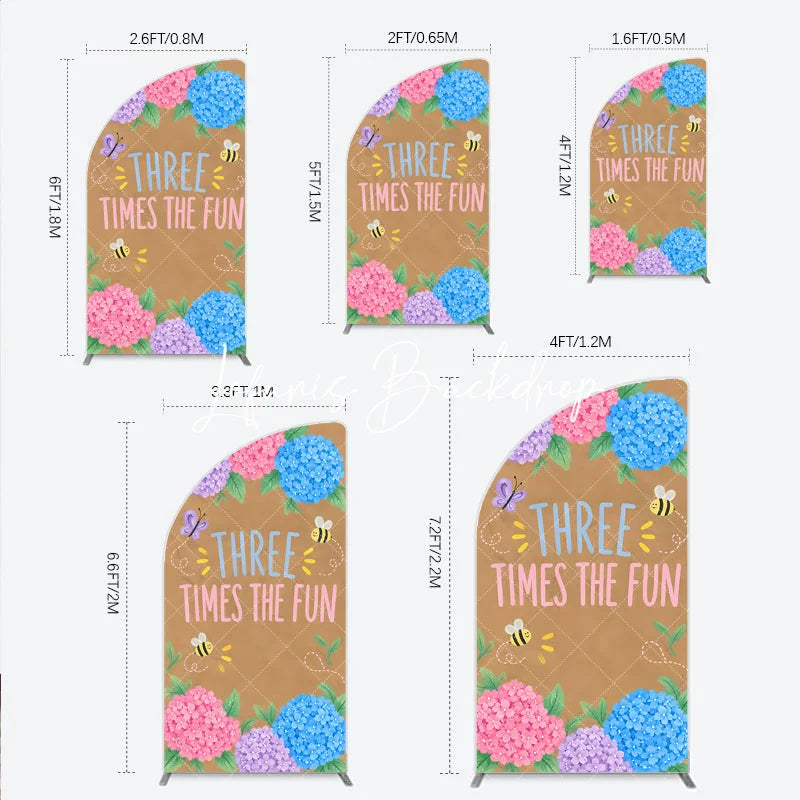 Lofaris Pink Purple Blue Hydrangea Half Moon Arch Backdrop with Three Times The Fun Text Butterfly and Bees for Birthday Party