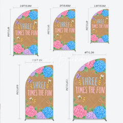Lofaris Pink Purple Blue Hydrangea Half Moon Arch Backdrop with Three Times The Fun Text Butterfly and Bees for Birthday Party