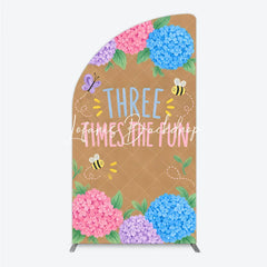 Lofaris Pink Purple Blue Hydrangea Half Moon Arch Backdrop with Three Times The Fun Text Butterfly and Bees for Birthday Party