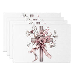 Lofaris Pink Purple Floral Cross Set of 4 Placemats Elegant Ribbon Religious Table Mats First Communion Easter Decoration