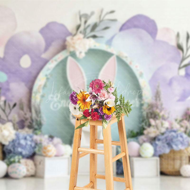 Lofaris Pink Purple Wall Bunny Floral Eggs Easter Backdrop