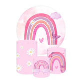 Lofaris Pink Rainbow and Daisy Birthday Round Backdrop Kit Watercolor Butterfly Flowers Girls Party Photo Prop