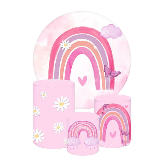 Lofaris Pink Rainbow and Daisy Birthday Round Backdrop Kit Watercolor Butterfly Flowers Girls Party Photo Prop