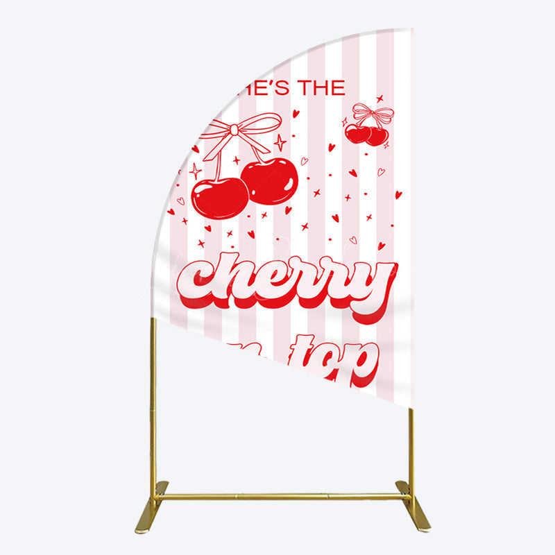 Lofaris Pink Red Cherry On Top Stripe Birthday Half Moon Arch Backdrop