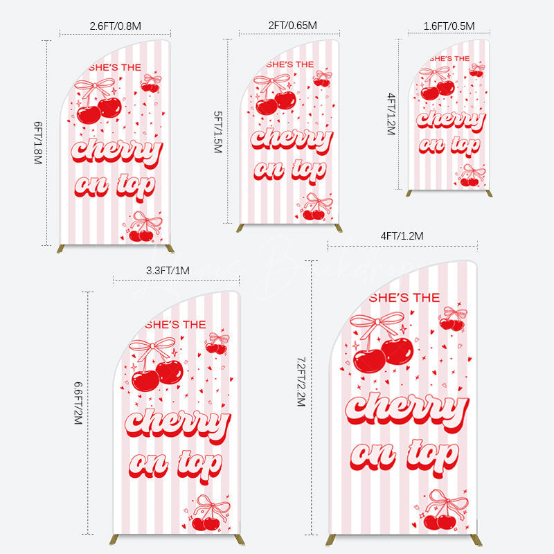 Lofaris Pink Red Cherry On Top Stripe Birthday Half Moon Arch Backdrop