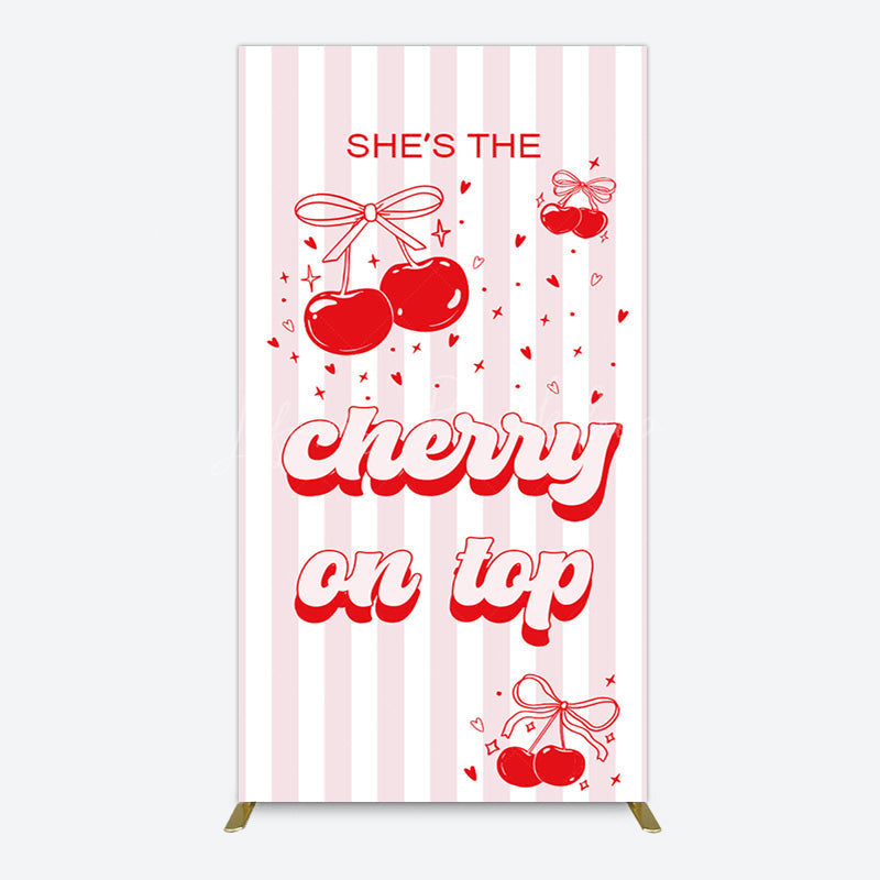 Lofaris Pink Red Cherry On Top Stripe Birthday Rectangle Backdrop