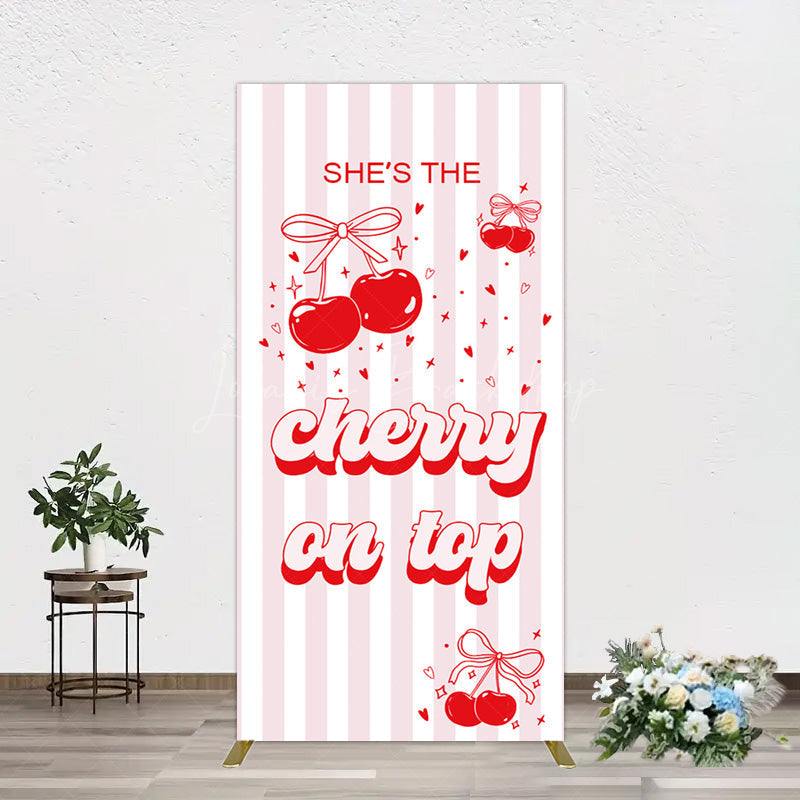 Lofaris Pink Red Cherry On Top Stripe Birthday Rectangle Backdrop