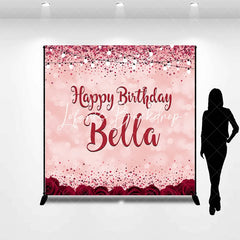 Lofaris Pink Red Glitter Rose Personalized Custom Birthday Backdrop Elegant Party Decor with Bokeh and String Lights