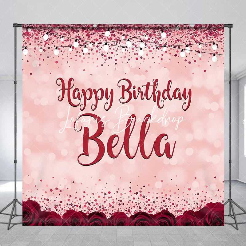 Lofaris Pink Red Glitter Rose Personalized Custom Birthday Backdrop Elegant Party Decor with Bokeh and String Lights