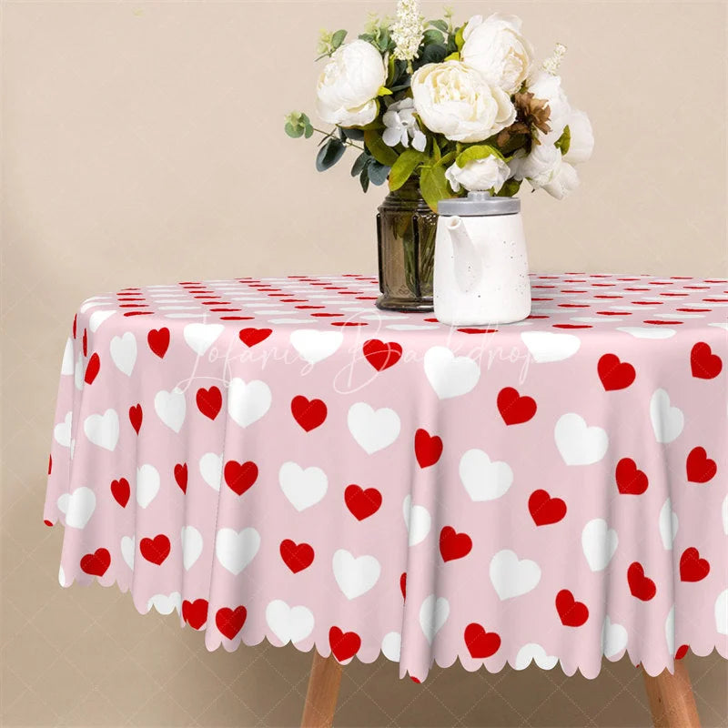 Lofaris Pink Red Heart Pattern Round Tablecloth Sweet Love Polka Dot Table Cover for Girls Party