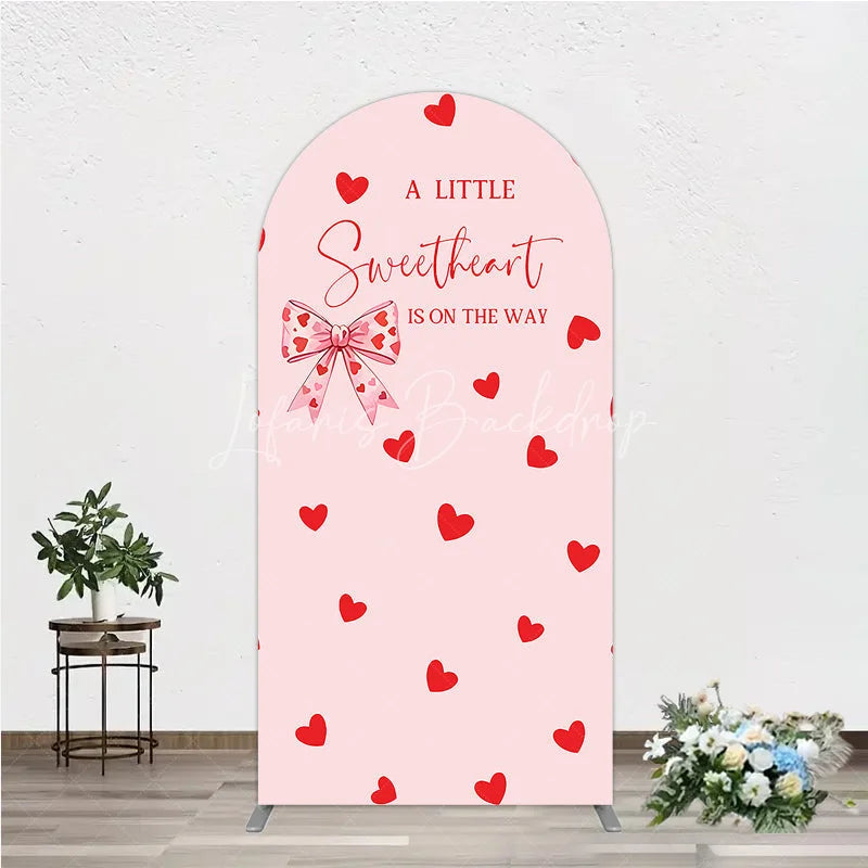 Lofaris Pink Red Hearts Bow Round Top Arch Backdrop Sweetheart Is On The Way Baby Shower Party Decor