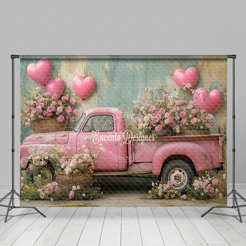 Lofaris Pink Retro Truck Balloons Floral Romantic Backdrop