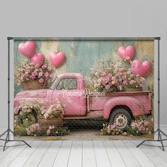 Lofaris Pink Retro Truck Balloons Floral Romantic Backdrop