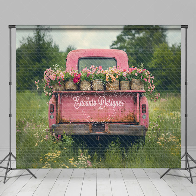Lofaris Pink Retro Truck Green Field Spring Room Set Backdrop