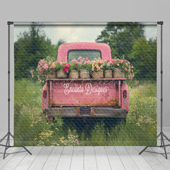 Lofaris Pink Retro Truck Green Field Spring Room Set Backdrop