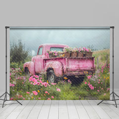 Lofaris Pink Retro Truck Green Field Spring Room Set Backdrop