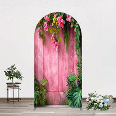 Lofaris Pink Retro Wooden Wall Greenery Floral Arch Backdrop
