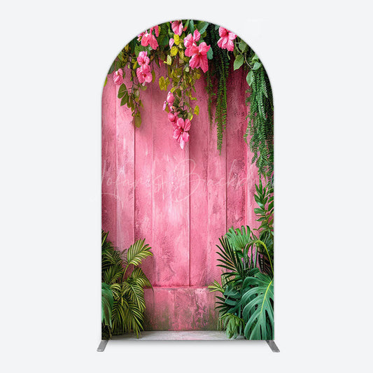 Lofaris Pink Retro Wooden Wall Greenery Floral Arch Backdrop