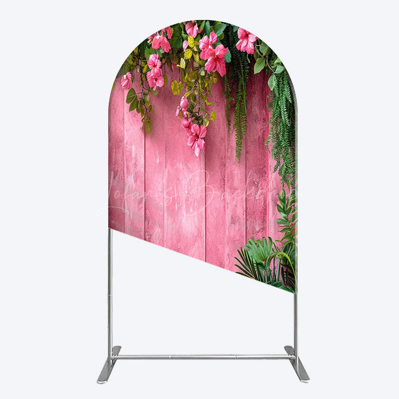 Lofaris Pink Retro Wooden Wall Greenery Floral Arch Backdrop
