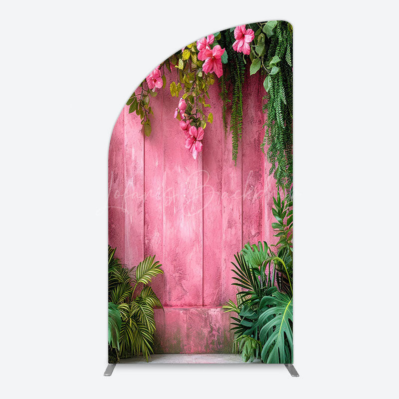 Lofaris Pink Retro Wooden Wall Greenery Floral Half Moon Arch Backdrop
