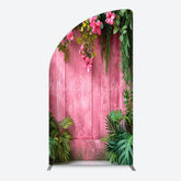 Lofaris Pink Retro Wooden Wall Greenery Floral Half Moon Arch Backdrop