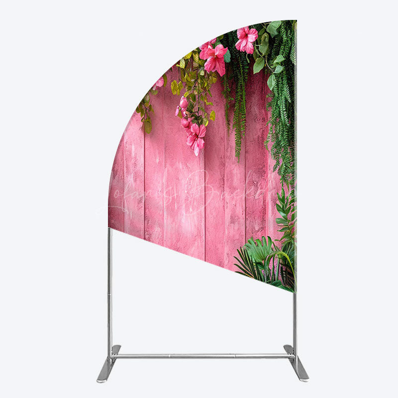 Lofaris Pink Retro Wooden Wall Greenery Floral Half Moon Arch Backdrop