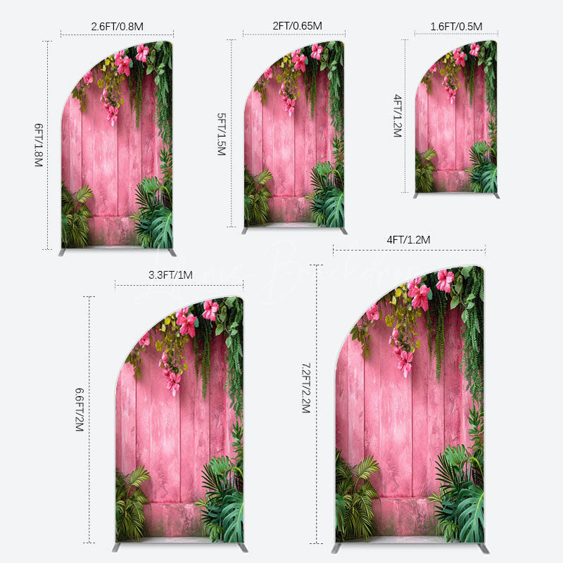 Lofaris Pink Retro Wooden Wall Greenery Floral Half Moon Arch Backdrop