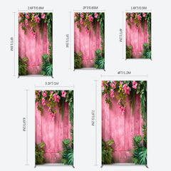Lofaris Pink Retro Wooden Wall Greenery Floral Rectangle Backdrop