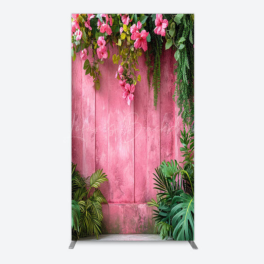 Lofaris Pink Retro Wooden Wall Greenery Floral Rectangle Backdrop
